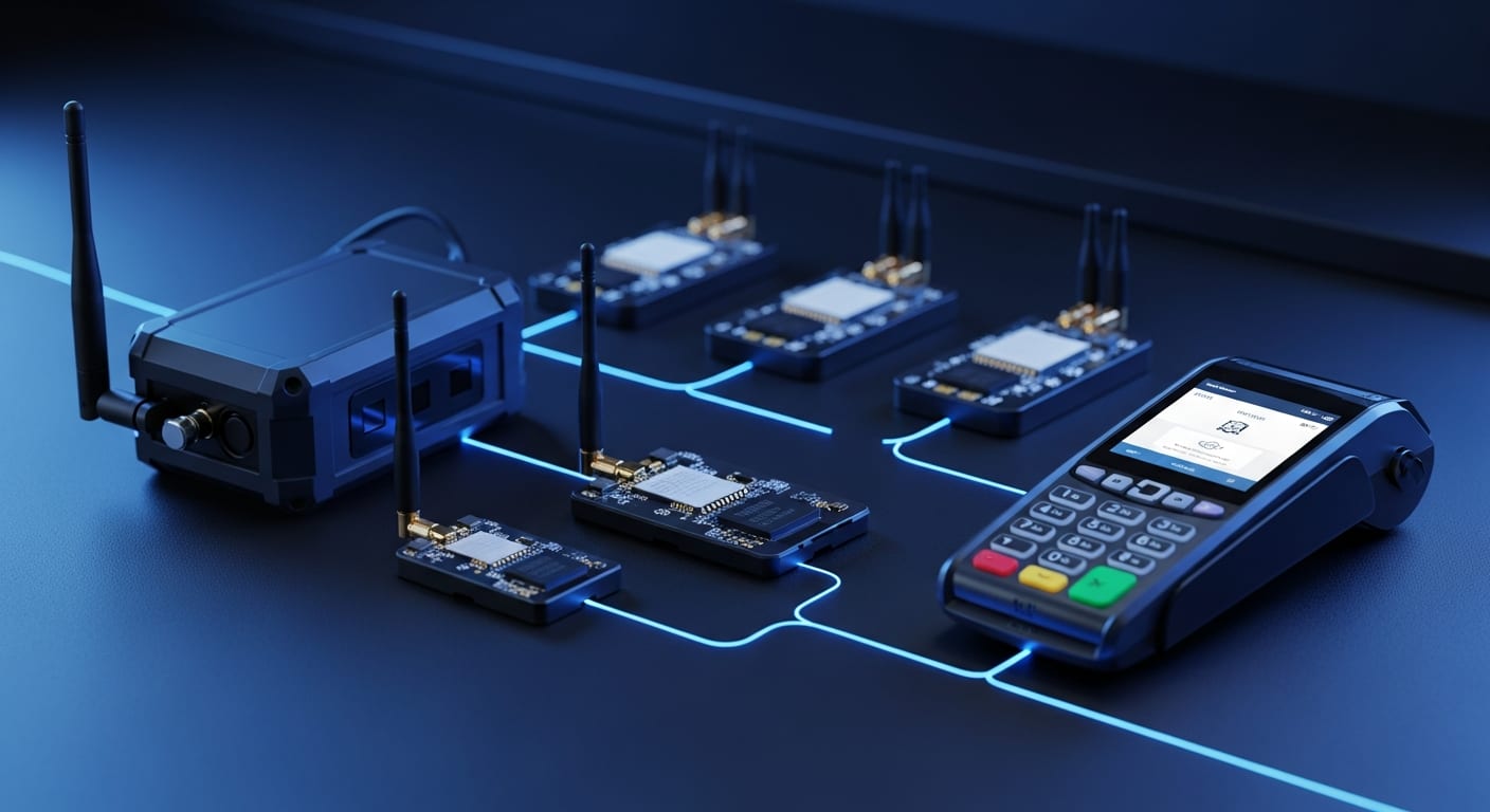 Payment terminal, cellular gateway, and IoT sensor modules connected by a wireless network